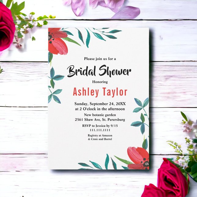 Elegant Watercolor Red Rose Floral Bridal Shower Invitation (Creator Uploaded)