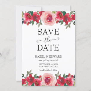 Elegant Watercolor Red Rose Floral Save the Date Invitation