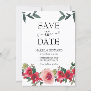 Elegant Watercolor Red Rose Floral Save the Date Invitation