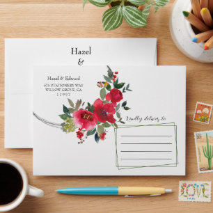 Elegant Watercolor Red Rose Floral Wedding Envelope