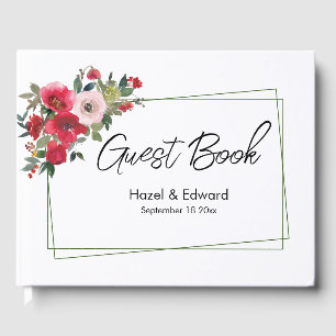 Elegant Watercolor Red Rose Floral Wedding Guest Book