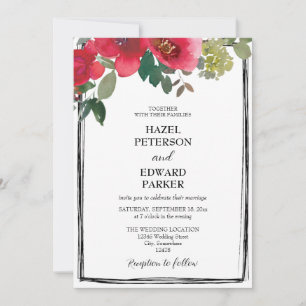 Elegant Watercolor Red Rose Floral Wedding Invitation