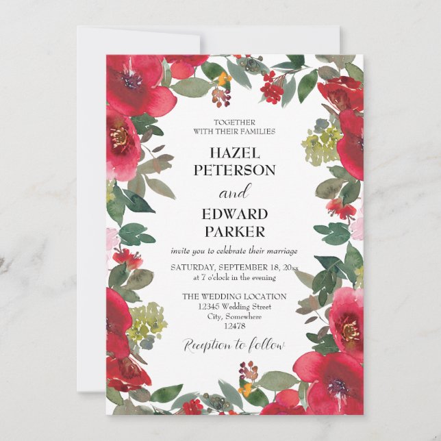 Elegant Watercolor Red Rose Floral Wedding Invitation (Front)