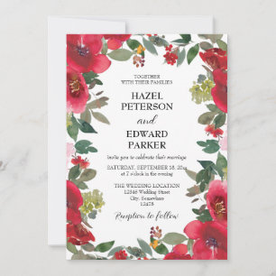 Elegant Watercolor Red Rose Floral Wedding Invitation