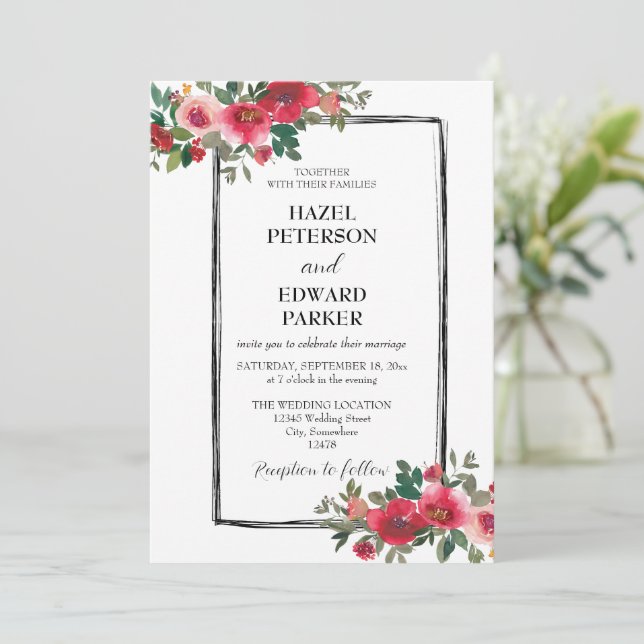 Elegant Watercolor Red Rose Floral Wedding Invitation (Standing Front)