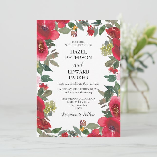 Elegant Watercolor Red Rose Floral Wedding Invitation (Standing Front)