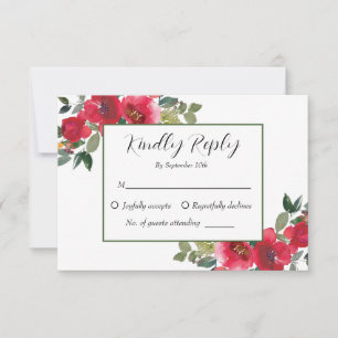 Elegant Watercolor Red Rose Floral Wedding RSVP Card