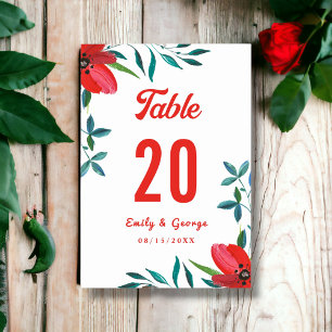 Elegant Watercolor Red Rose Summer Floral Wedding Table Number