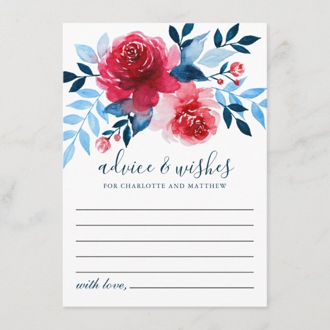Elegant Watercolor Red Roses Blue Foliage Wedding Advice Card (Front)