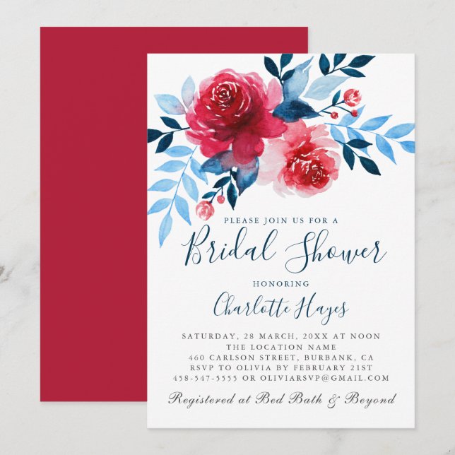 Elegant Watercolor Red Roses Floral  Bridal Shower Invitation (Front/Back)