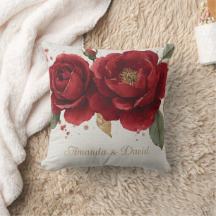 Elegant Watercolor Red Roses with Golden Glitter Cushion