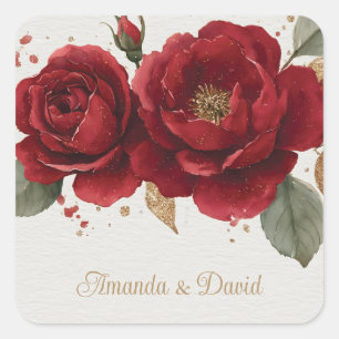 Elegant Watercolor Red Roses with Golden Glitter Square Sticker