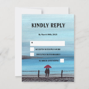 Elegant Watercolor Red Umbrella Couple Wedding RSVP Card