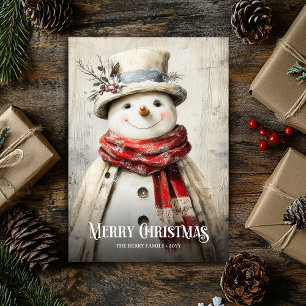Elegant Watercolor Red White Vintage Snowman Holiday Card