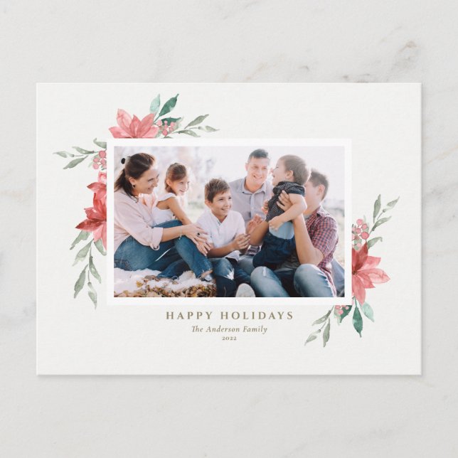 Elegant Watercolor Red Winter Flowers Photo Holiday Postcard (Front)