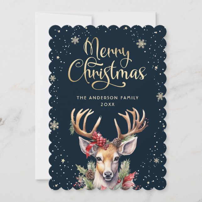 Elegant Watercolor Reindeer Snow Christmas Card (Front)