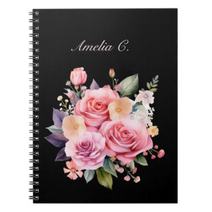 Elegant Watercolor Rose Bouquet Black Notebook