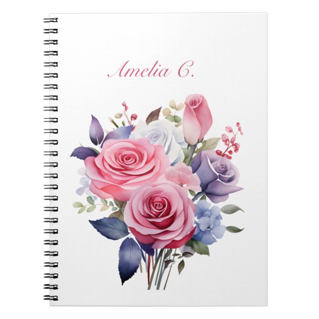 Elegant Watercolor Rose Bouquet White Notebook (Front)