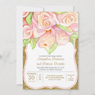 Elegant Watercolor Rose Floral Bouquet Pink Gold Invitation