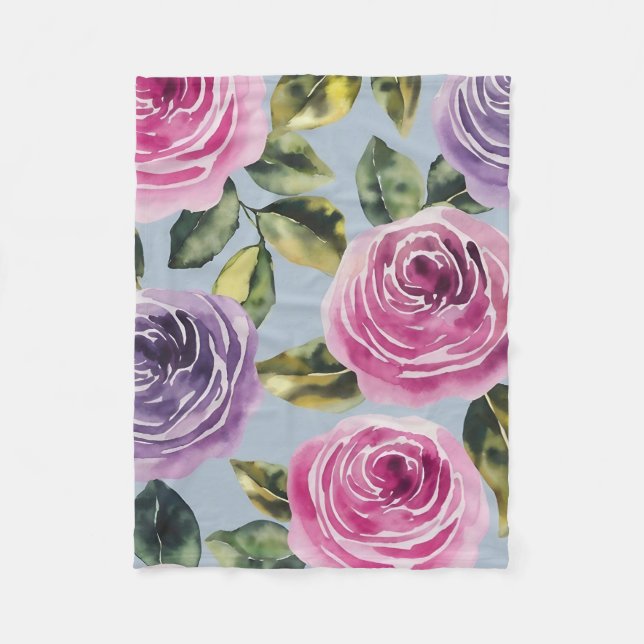 Elegant Watercolor Rose Floral Design Fleece Blanket (Front)