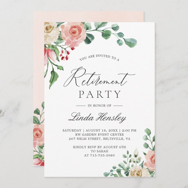 Elegant Watercolor Rose Floral Retirement Party Invitation (Front/Back)