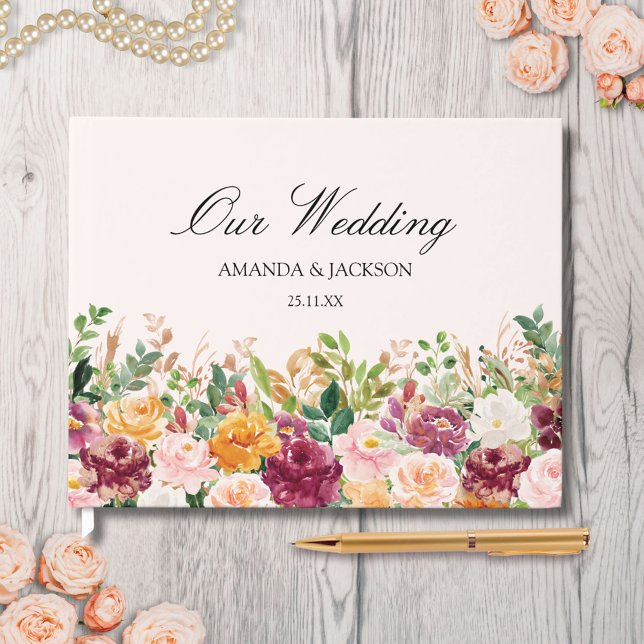 Elegant Watercolor Rose Flower Floral Wedding Guest Book (In situ)