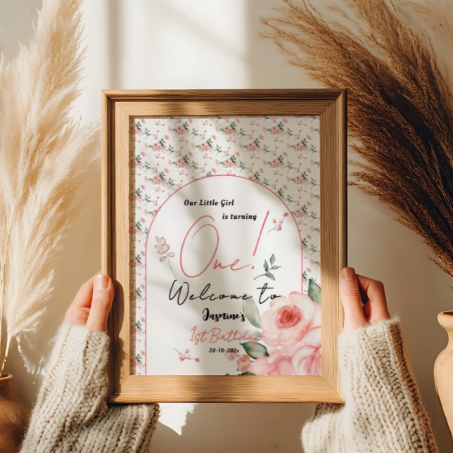 Elegant Watercolor Rose Girl 1st Birthday Welcome Poster (Creator Uploaded)