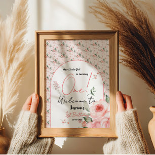 Elegant Watercolor Rose Girl 1st Birthday Welcome Poster