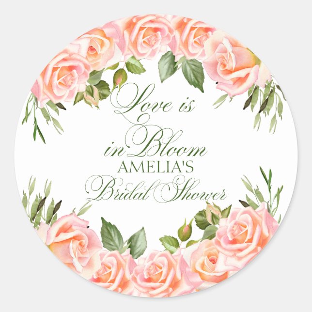 Elegant Watercolor Roses Bridal Shower Classic Round Sticker (Front)