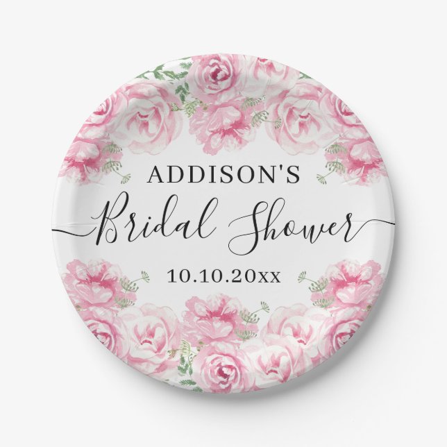 Elegant Watercolor Roses Bridal Shower Paper Plate (Front)