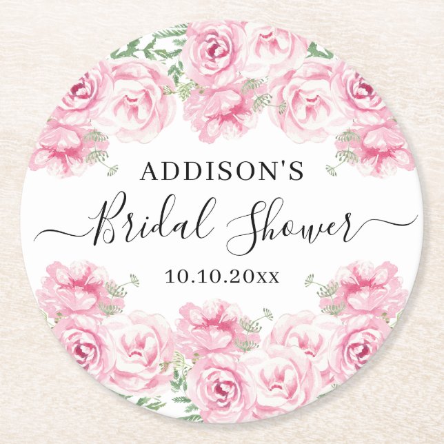 Elegant Watercolor Roses Bridal Shower Round Paper Coaster (Front)