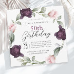 Elegant Watercolor Roses Floral 50th Birthday Invitation<br><div class="desc">A soft, luxurious 50th birthday party invitation where the focal point is a wreath of delicate watercolor roses painted in soft blush pinks and rich plum purples intertwined with sprigs wispy greenery. These floral elements frame your text with a romantic and elegant touch. Using a blend of elegant serif and...</div>