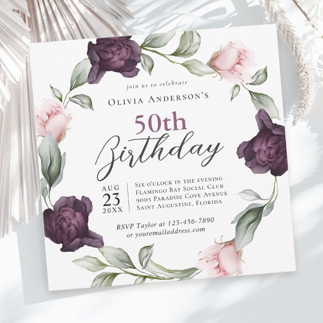 Elegant Watercolor Roses Floral 50th Birthday Invitation (Available in both printed and instant download digital formats.)