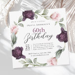 Elegant Watercolor Roses Floral 60th Birthday Invitation<br><div class="desc">A soft, luxurious 60th birthday party invitation where the focal point is a wreath of delicate watercolor roses painted in soft blush pinks and rich plum purples intertwined with sprigs of wispy greenery. These floral elements frame your text with a romantic and elegant touch. Using a blend of elegant serif...</div>