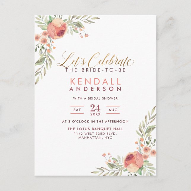 Elegant Watercolor Roses Floral Bridal Shower Invitation Postcard (Front)
