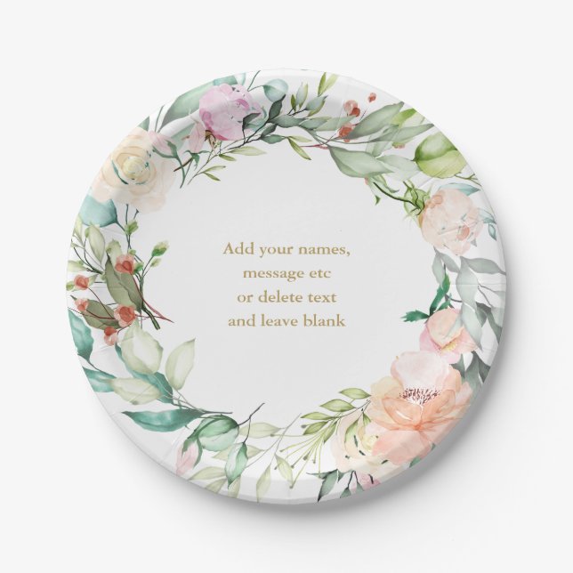 Elegant Watercolor Roses Floral Garland  Paper Plate (Front)