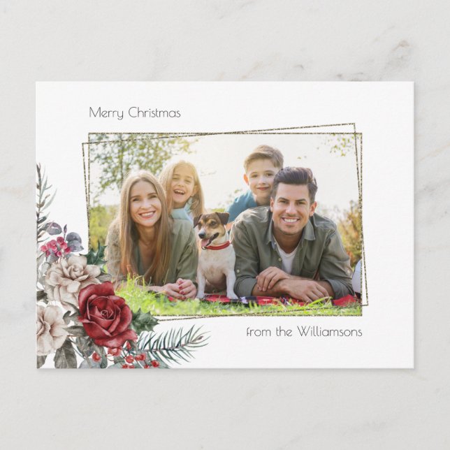 Elegant Watercolor Roses, Pine & Gold Frame Photo Postcard (Front)