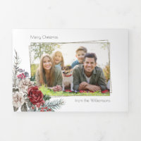 Elegant Watercolor Roses, Pine & Gold Frame Photo