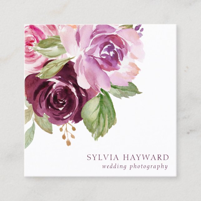 Elegant Watercolor Roses Purple Floral Square Business Card (Front)