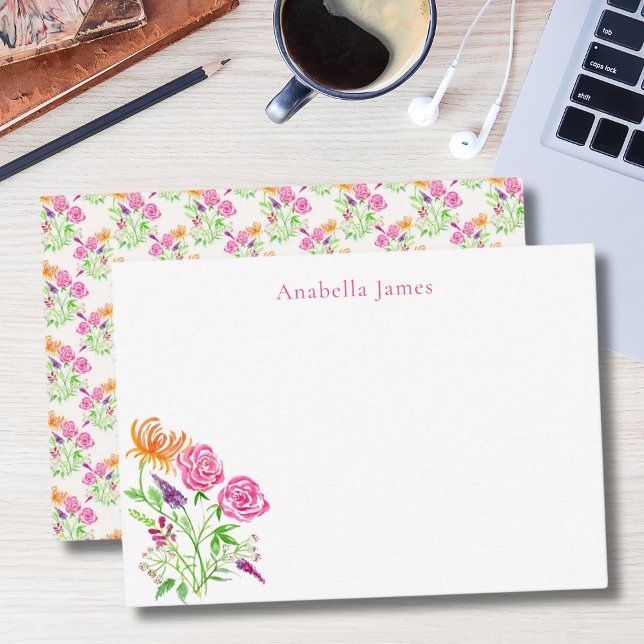 Elegant Watercolor Roses, Snapdragons And Flowers Card (Hand painted with a coordinating pattern on the backing. )