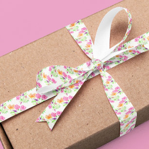 Elegant Watercolor Roses, Snapdragons And Flowers Satin Ribbon