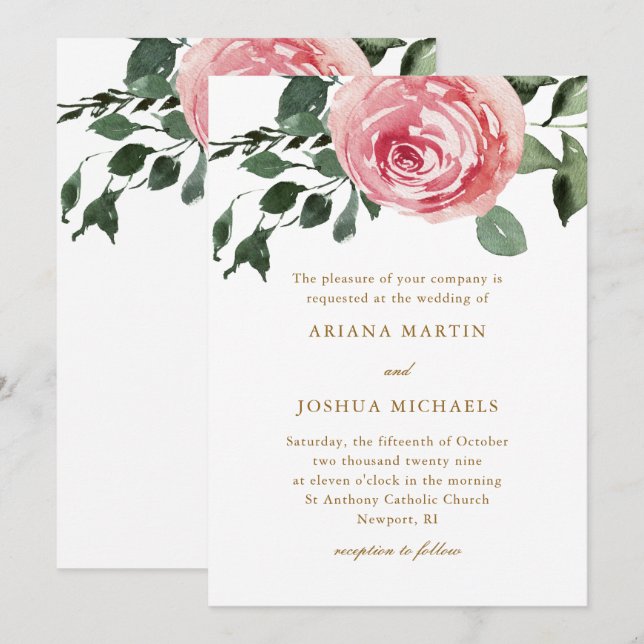 Elegant Watercolor Roses Wedding Invitation (Front/Back)
