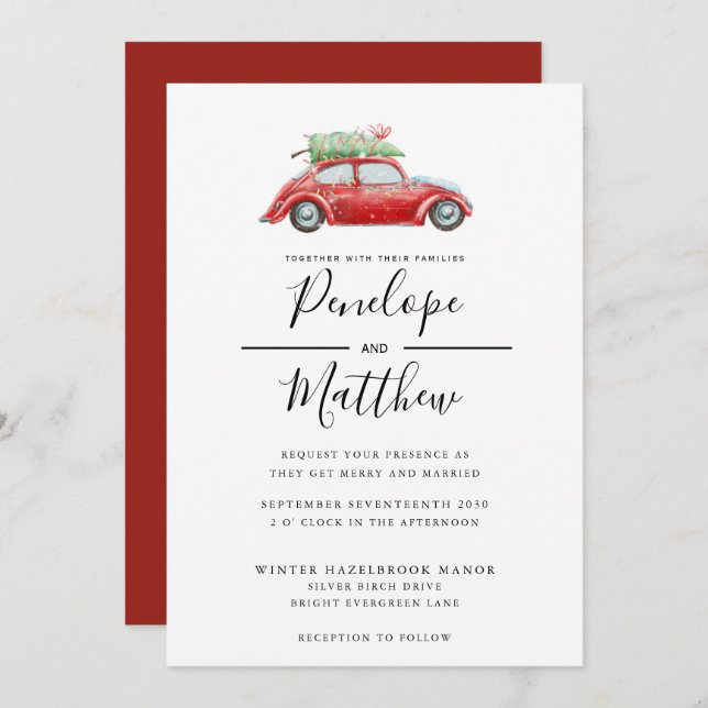 Elegant Watercolor Rustic Car Christmas Wedding Invitation (Front/Back)