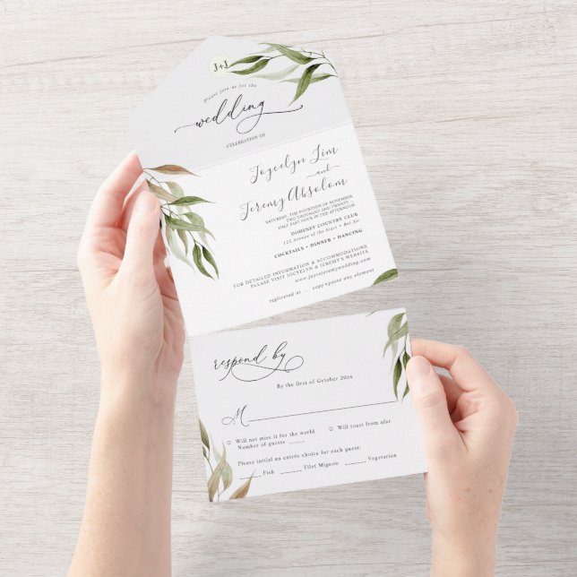 Elegant Watercolor Rustic Eucalyptus  All In One Invitation (Tearaway)