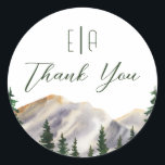 Elegant Watercolor Rustic Mountains Weddings Classic Round Sticker<br><div class="desc">Watercolor rustic mountains custom capital letter thank you sticker</div>