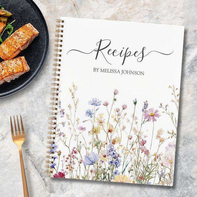 Elegant Watercolor Rustic Wildflower Field Recipe  Notebook (In situ)