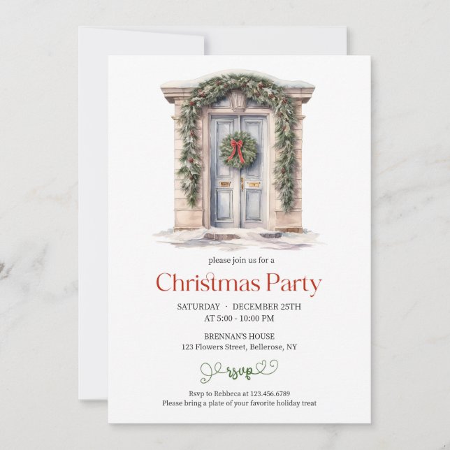 Elegant watercolor sage and red rustic door invitation (Front)