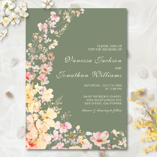 Elegant Watercolor Sage Green Wildflowers Wedding Invitation