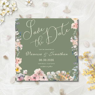 Elegant Watercolor Sage Green Wildflowers Wedding Save The Date