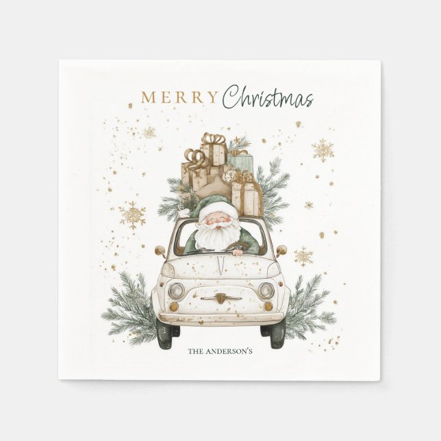Elegant Watercolor Santa Car Snow Christmas Party  Napkin (Front)